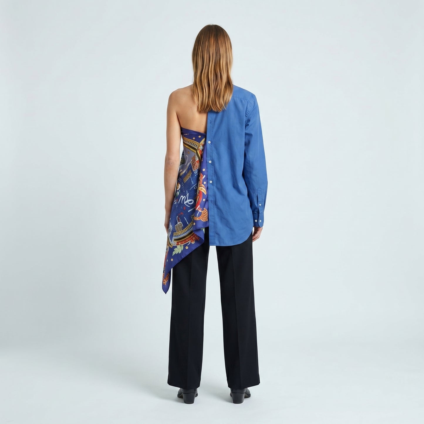 Asymmetric Scarf Detail Blue Shirt
