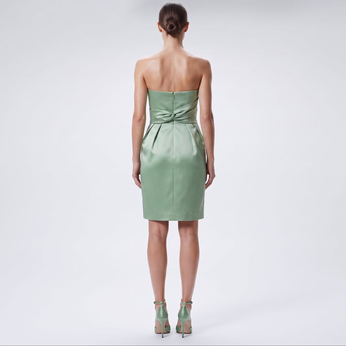 Pleated Strapless Mint Silk Dress
