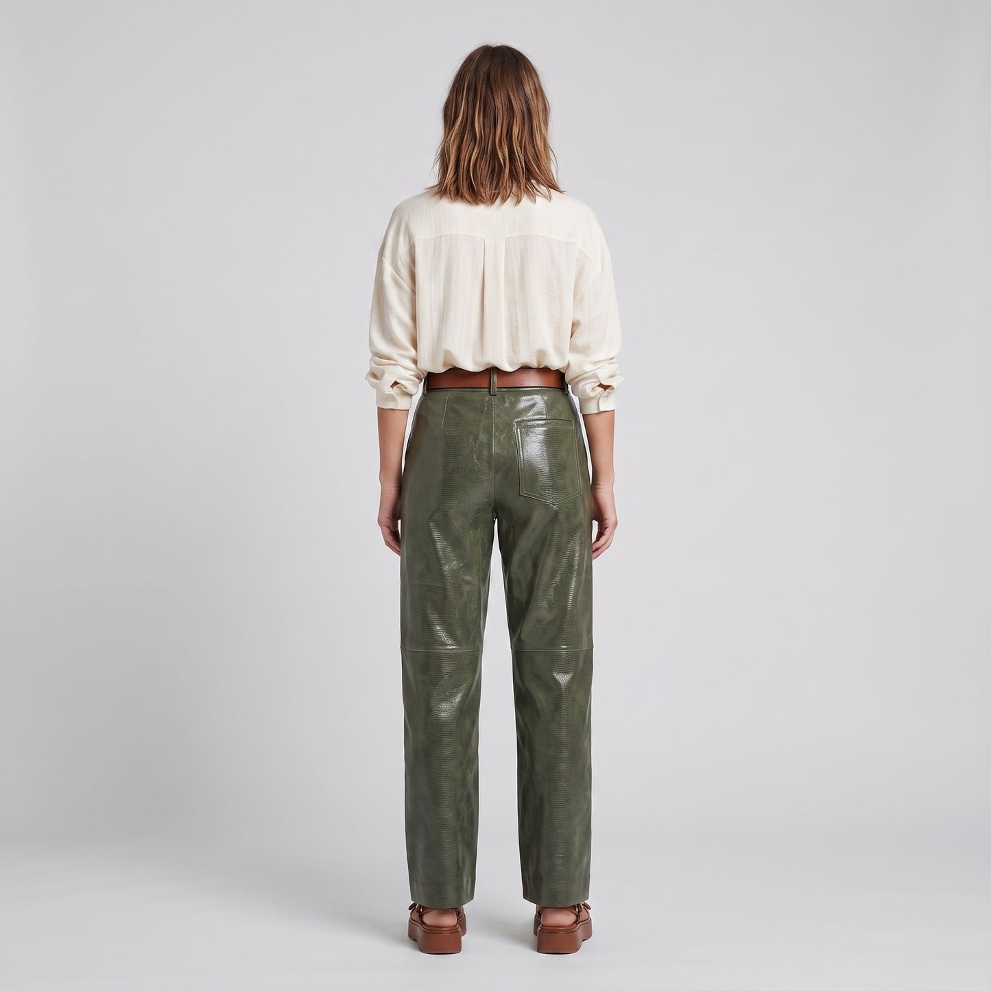 High-Waisted Olive Patent Trousers