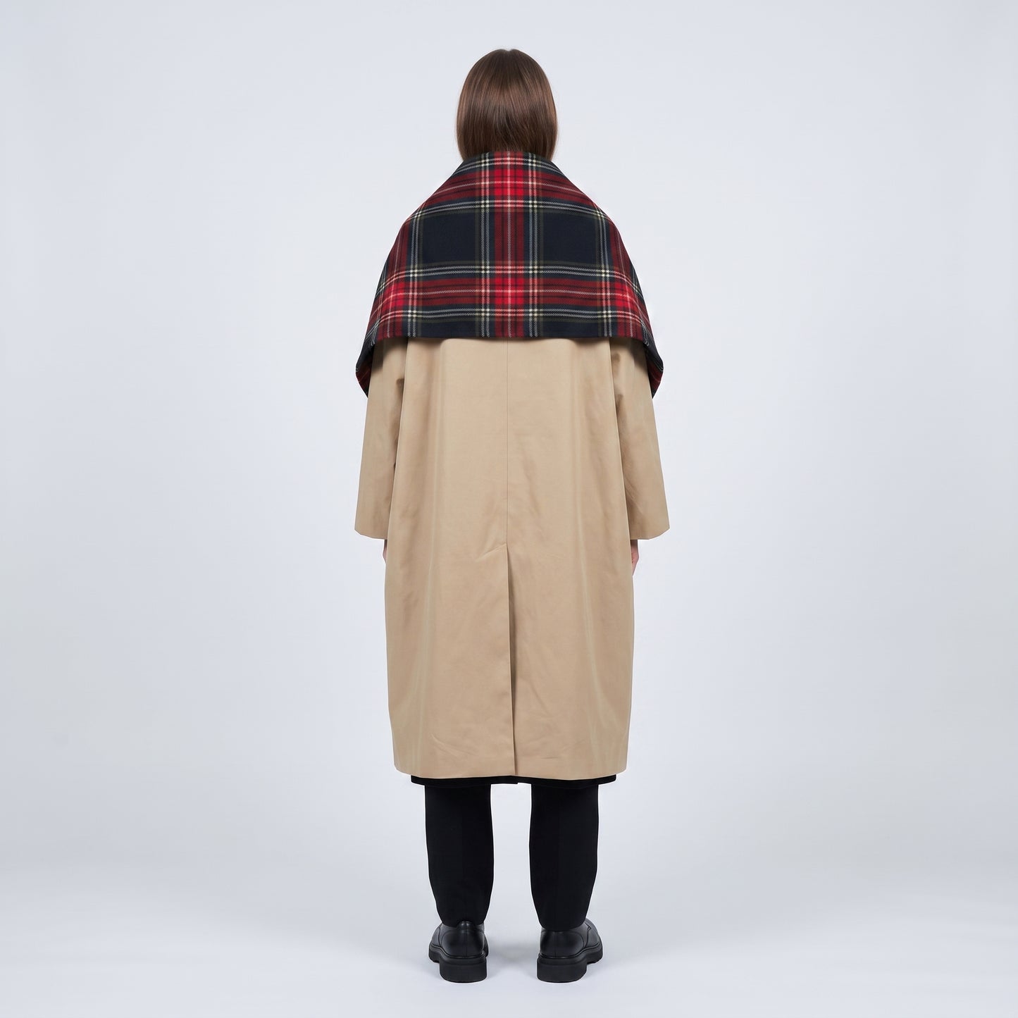 Tartan Paneled Beige Trench Coat