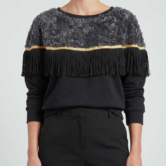 Fringed Bouclé Detail Sweatshirt