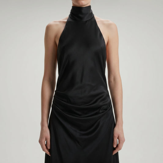 Asymmetric Drape High-Neck Dress