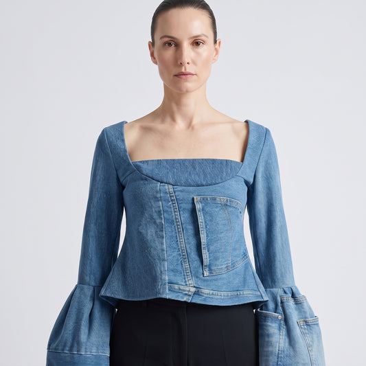 Deconstructed Bell-Sleeve Denim Top