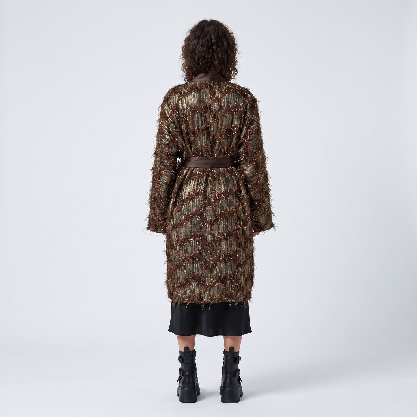 Metallic Fringed Belted Kimono Coat