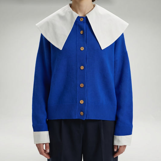 Contrast Collar Blue Knit Cardigan