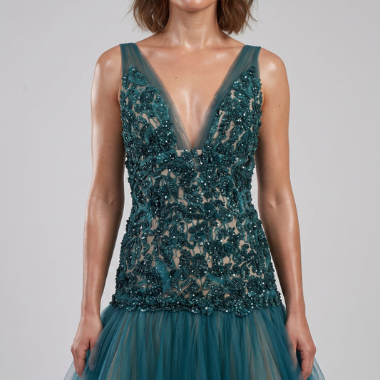 Embellished V-Neck Tulle Dress