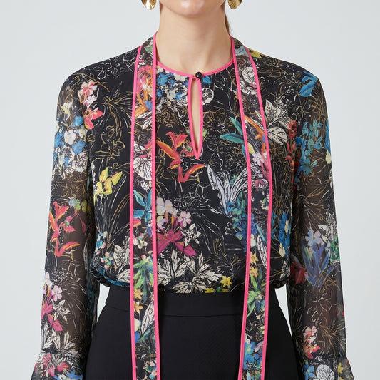 Floral Silk Tie Neck Blouse