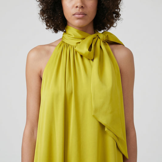 Chartreuse Silk Bow Neck Dress