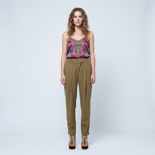 Olive Pleated Tailored Trousers