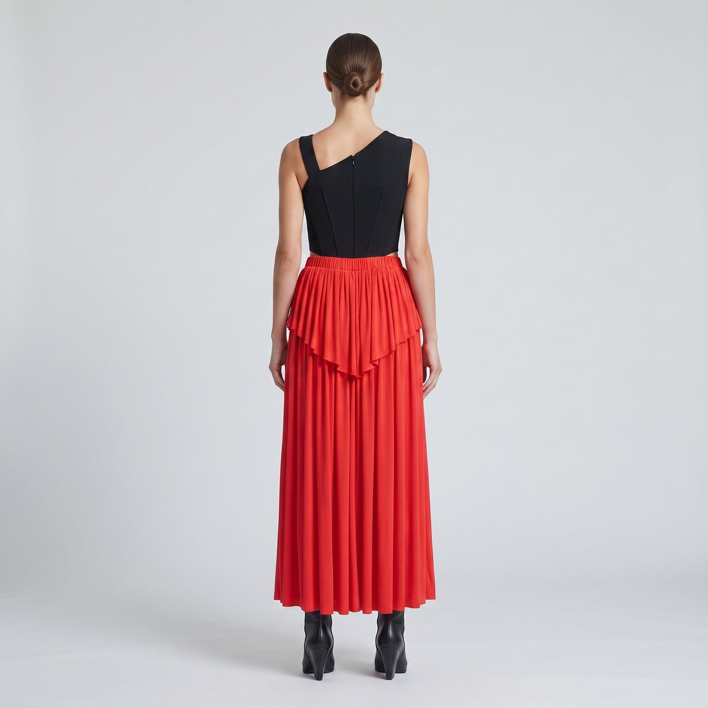 Red Pleated Ruffle Maxi Skirt