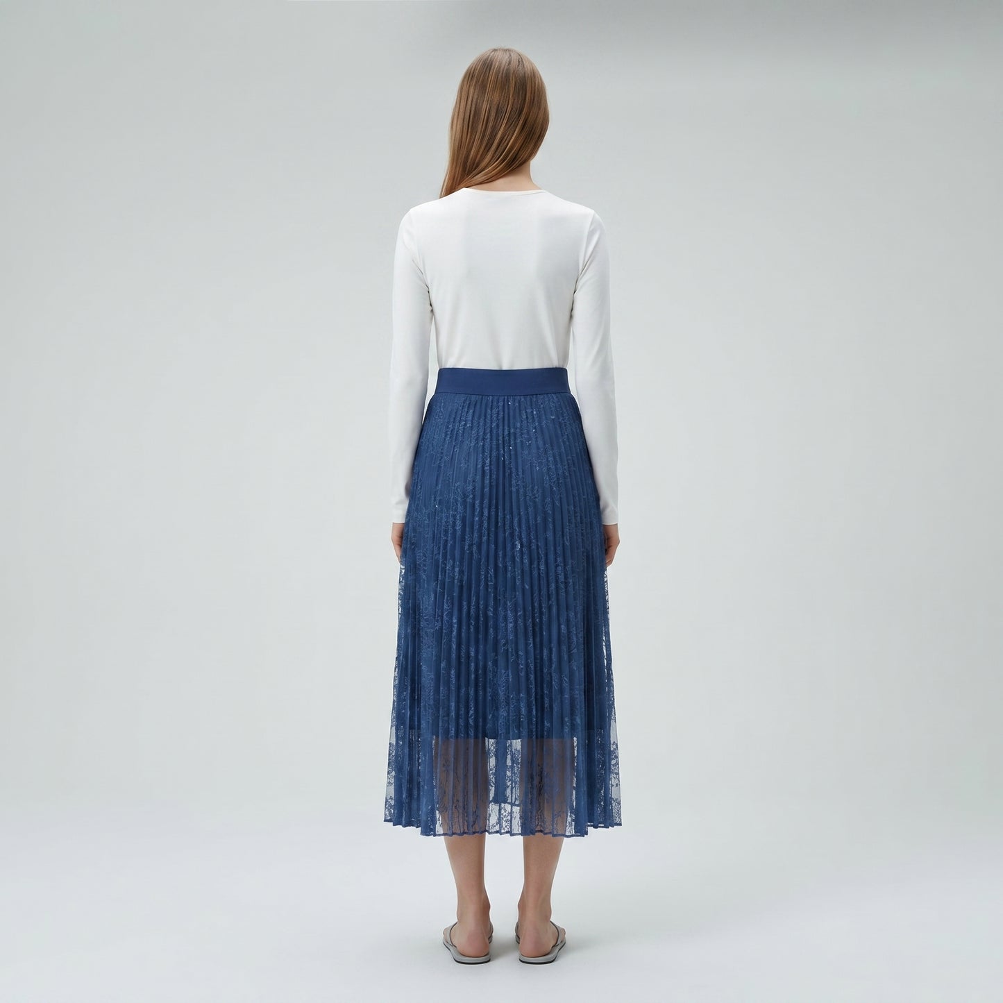 Navy Lace Pleated Midi Skirt