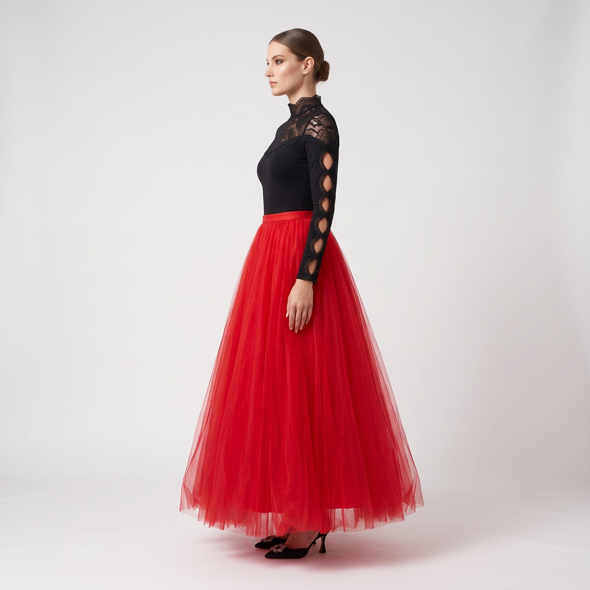 Voluminous Red Tulle Maxi Skirt