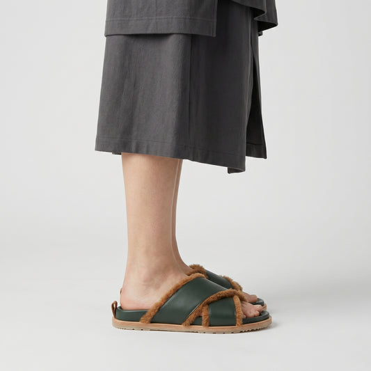 Shearling Trimmed Leather Slides