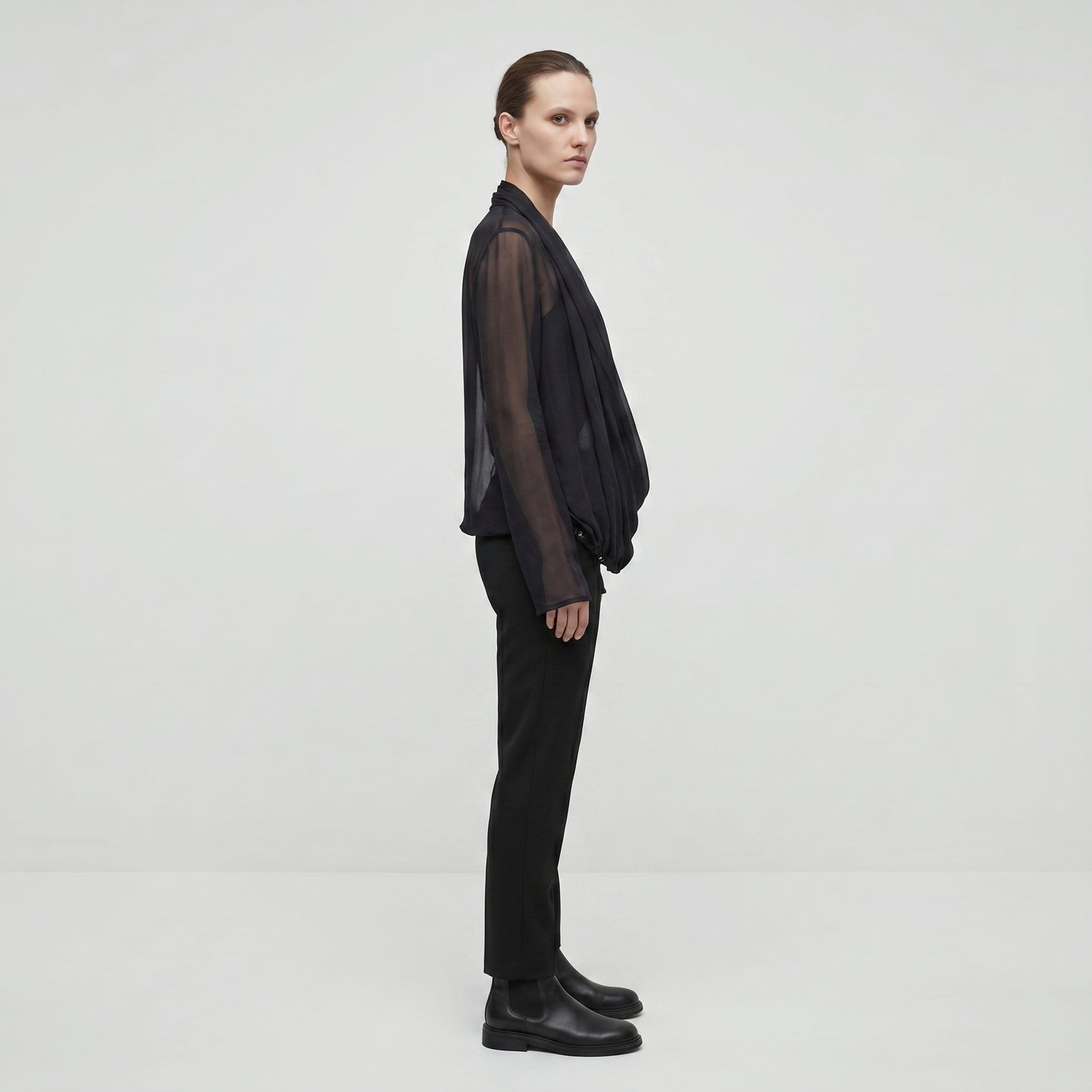 Draped Sheer V-Neck Blouse