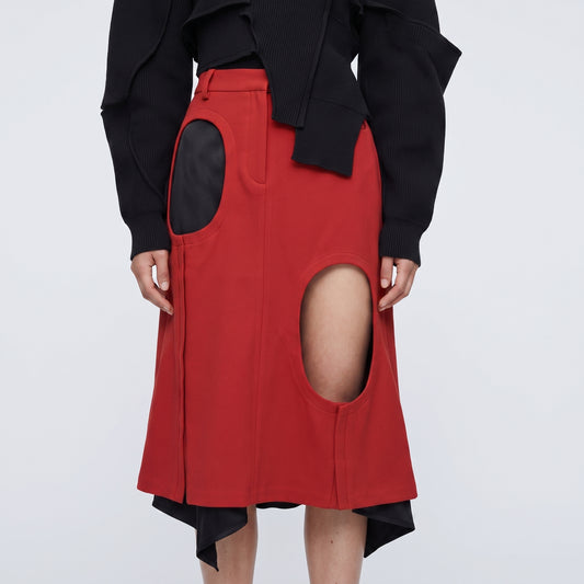 Red Cutout Tailored Midi Skirt