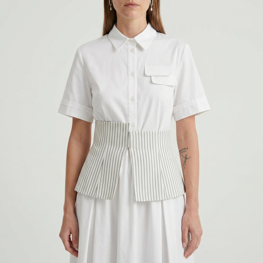 Striped Waist Pleated Shirt Dress