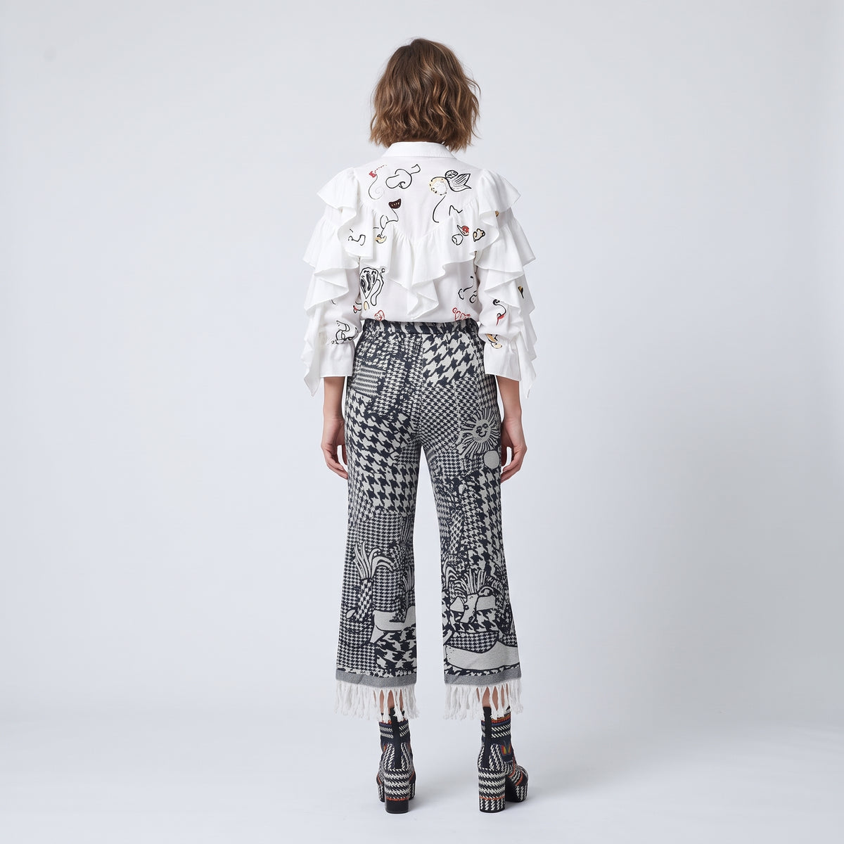 Graphic Patterned Fringed Trousers