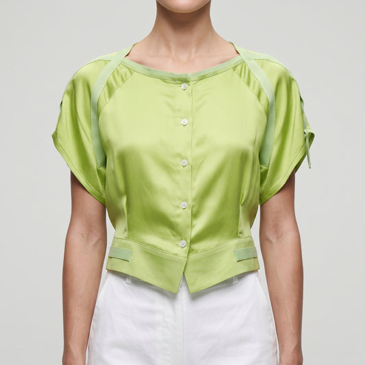 Vibrant Lime Satin Buttoned Top