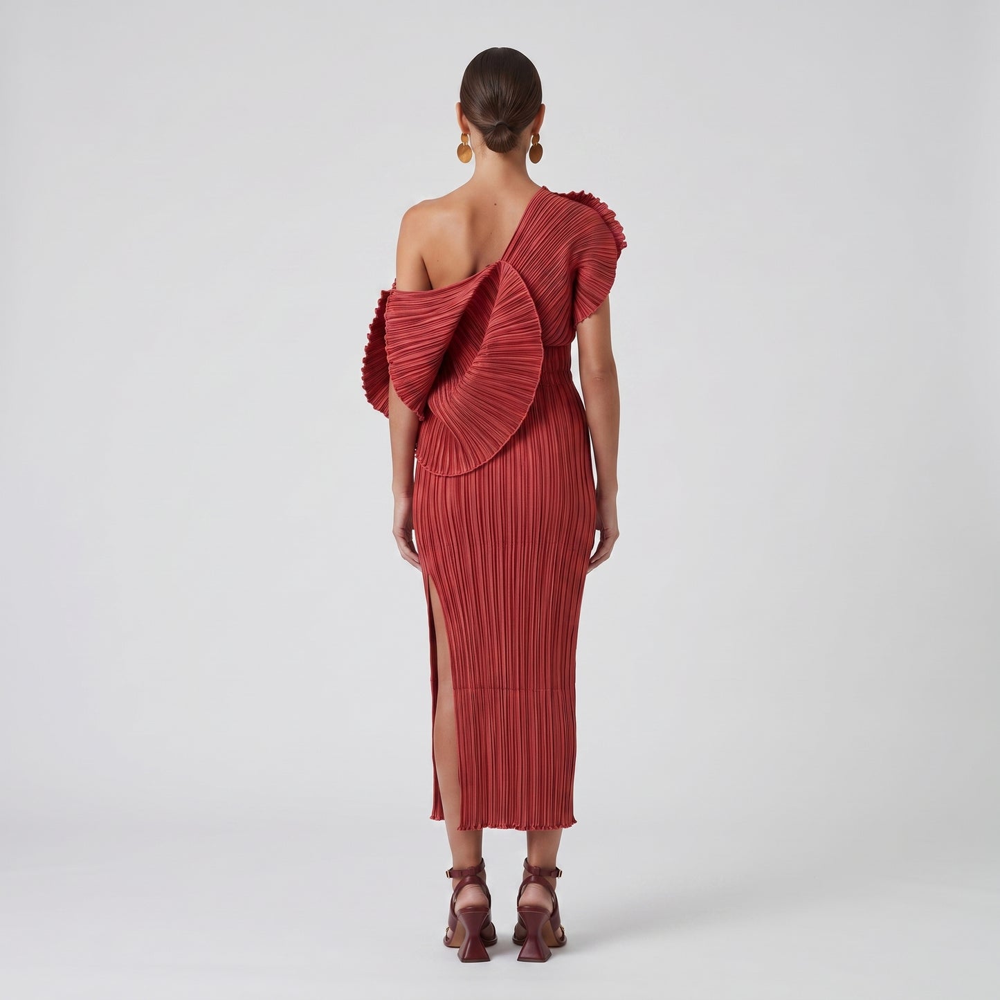 Pleated One-Shoulder Midi Dress