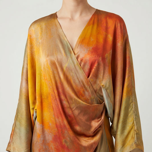 Abstract Print Silk Wrap Dress