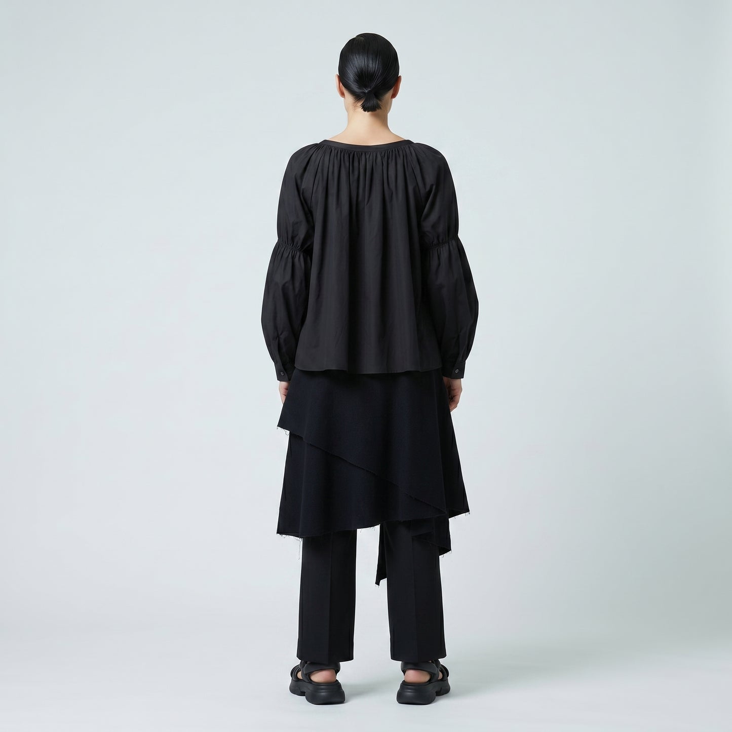 Black Gathered Balloon Sleeve Blouse