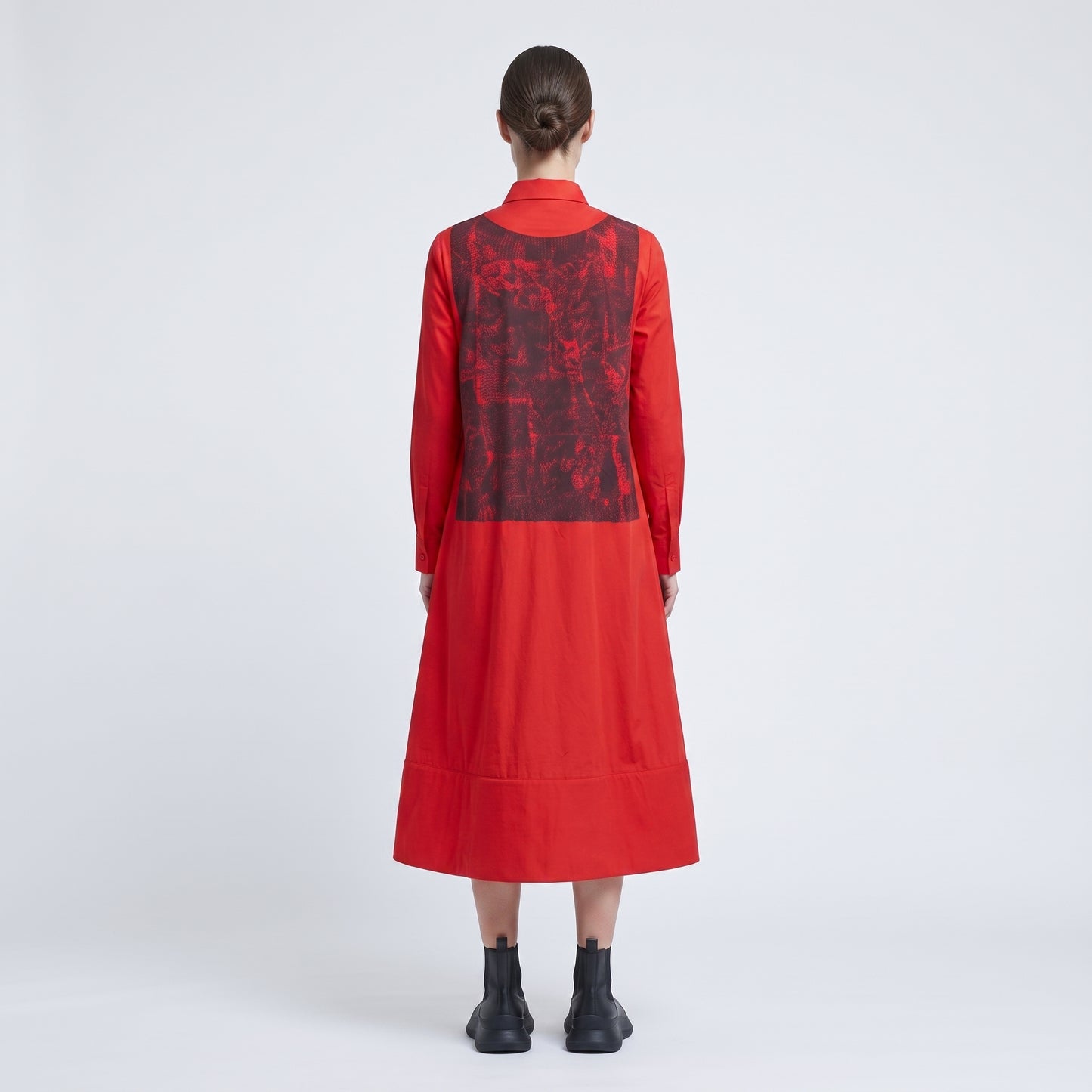 Red Printed Panel Shirt Dress