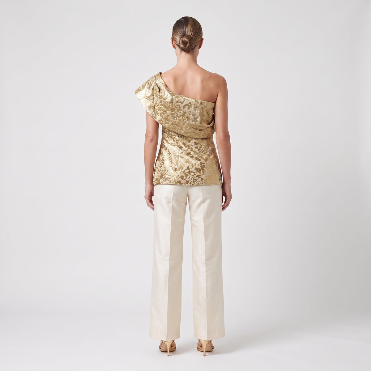 Metallic Gold Brocade One-Shoulder Top
