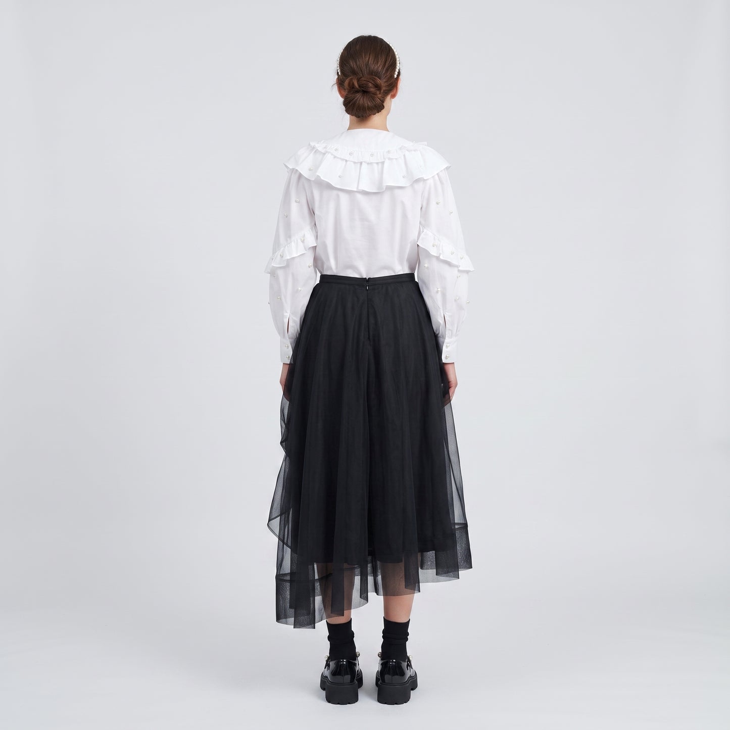 Asymmetric Ruched Tulle Midi Skirt