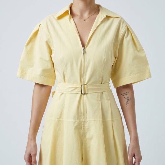 Belted Yellow Collared Midi Dress