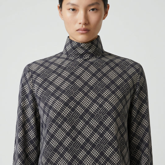 Checkered High-Neck Long-Sleeve Shirt