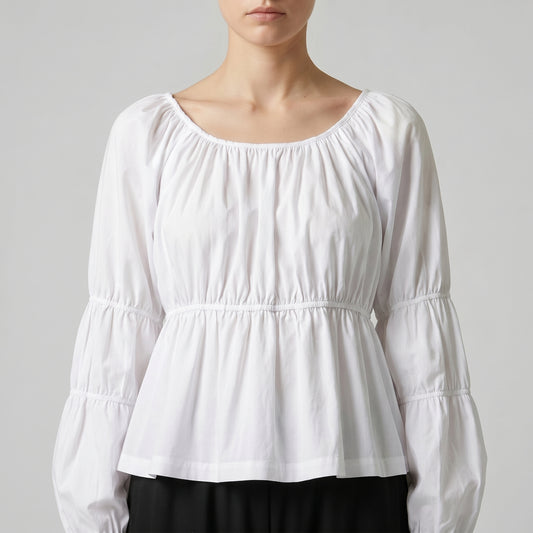 Gathered Long Sleeve White Blouse