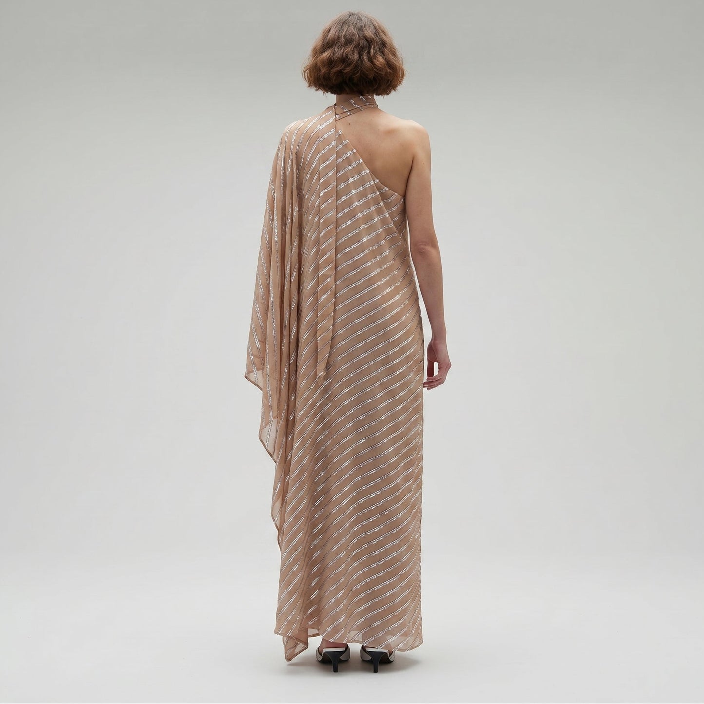 Metallic Stripe One-Shoulder Dress