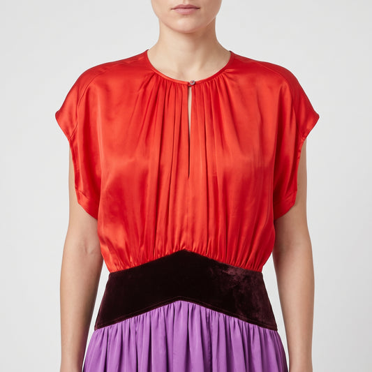 Colorblocked Pleated Satin Dress