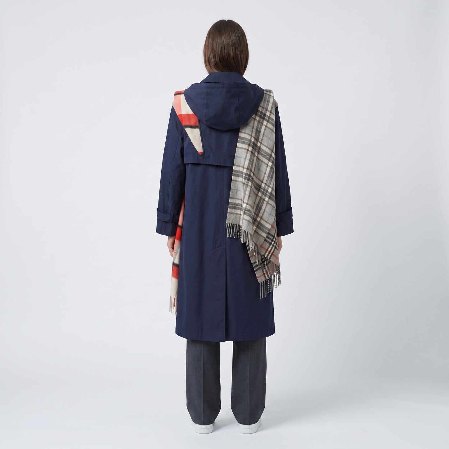 Plaid Accent Double-Breasted Coat