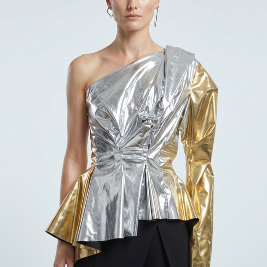 Metallic One Shoulder Asymmetric Top