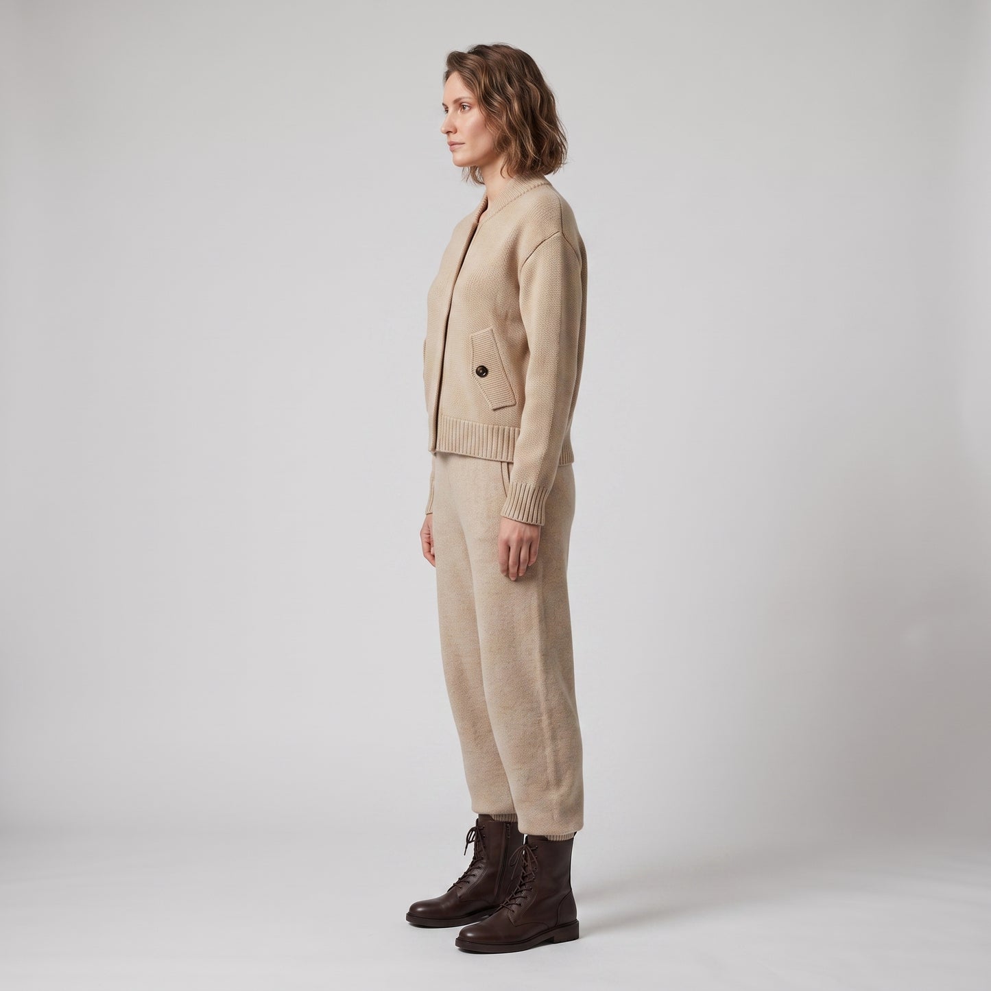 Beige Ribbed Knit Bomber Jacket