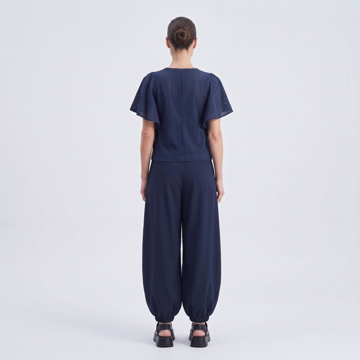 Navy Eyelet Ruffle Sleeve Top