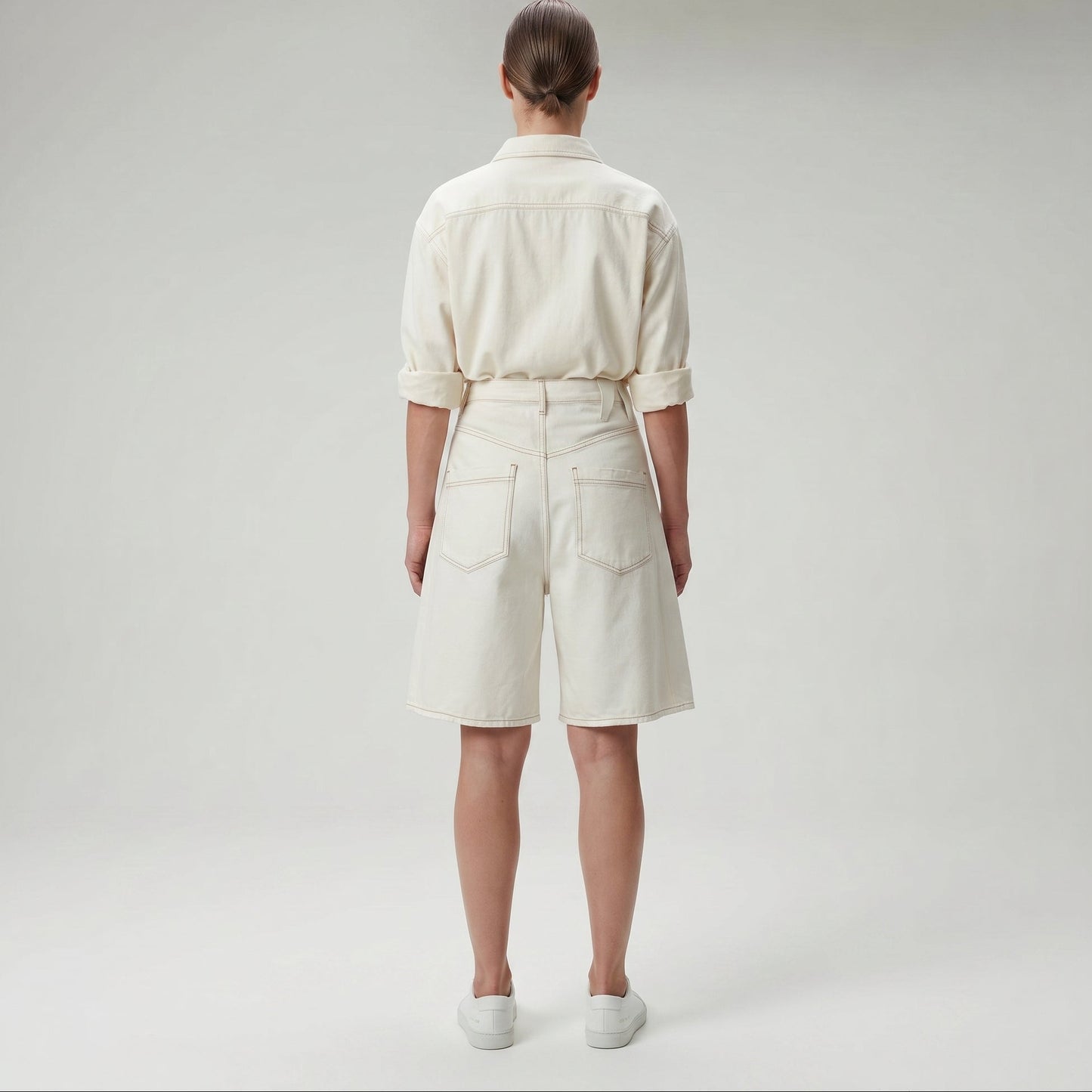 Asymmetric Off-White Denim Shorts