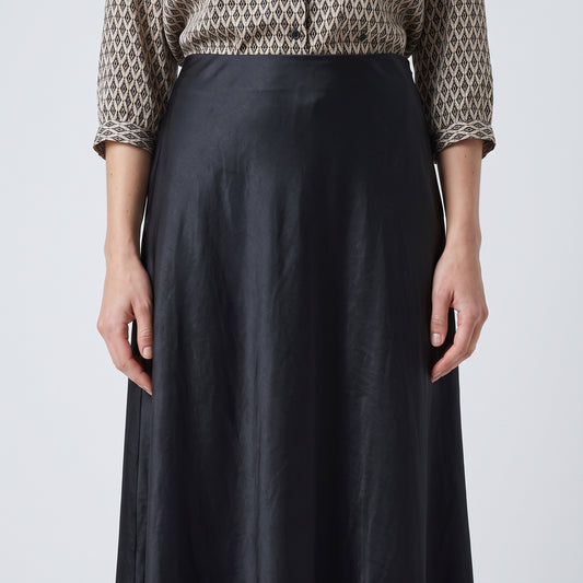 Sleek Black Satin Midi Skirt