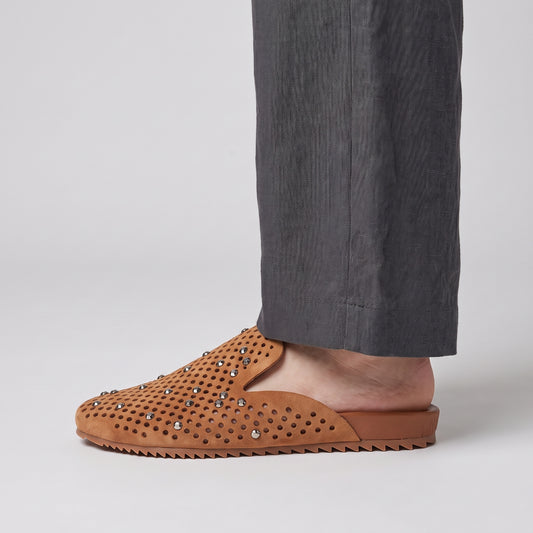 Studded Perforated Suede Mules