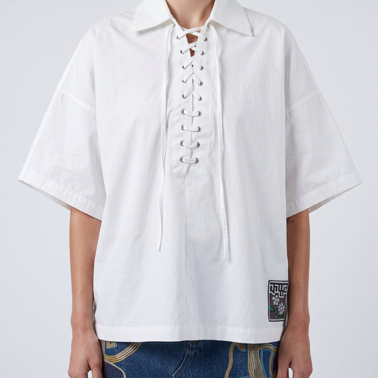 Lace-Up Cotton Poplin Shirt