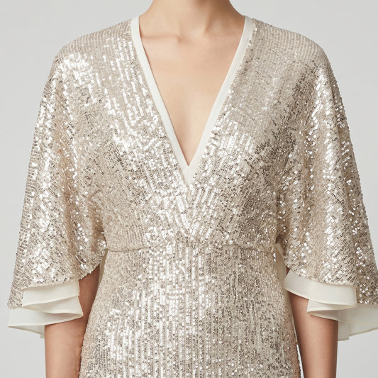 Sequin V-Neck Flutter Sleeve Dress
