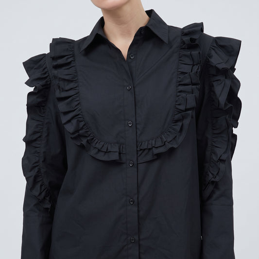 Black Ruffled Statement Cotton Shirt