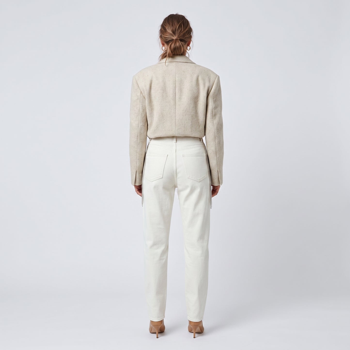 Crystal Embellished Ivory Denim Trousers