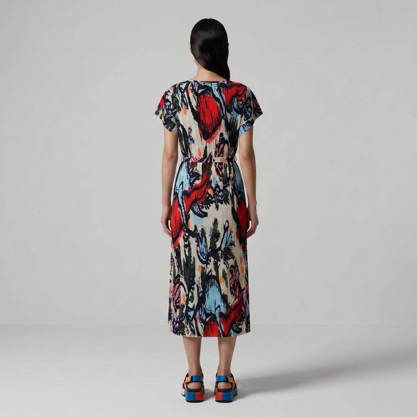 Abstract Floral Pleated Midi Dress