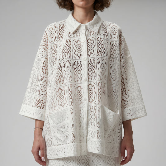 Elegant White Crochet Shirt Jacket