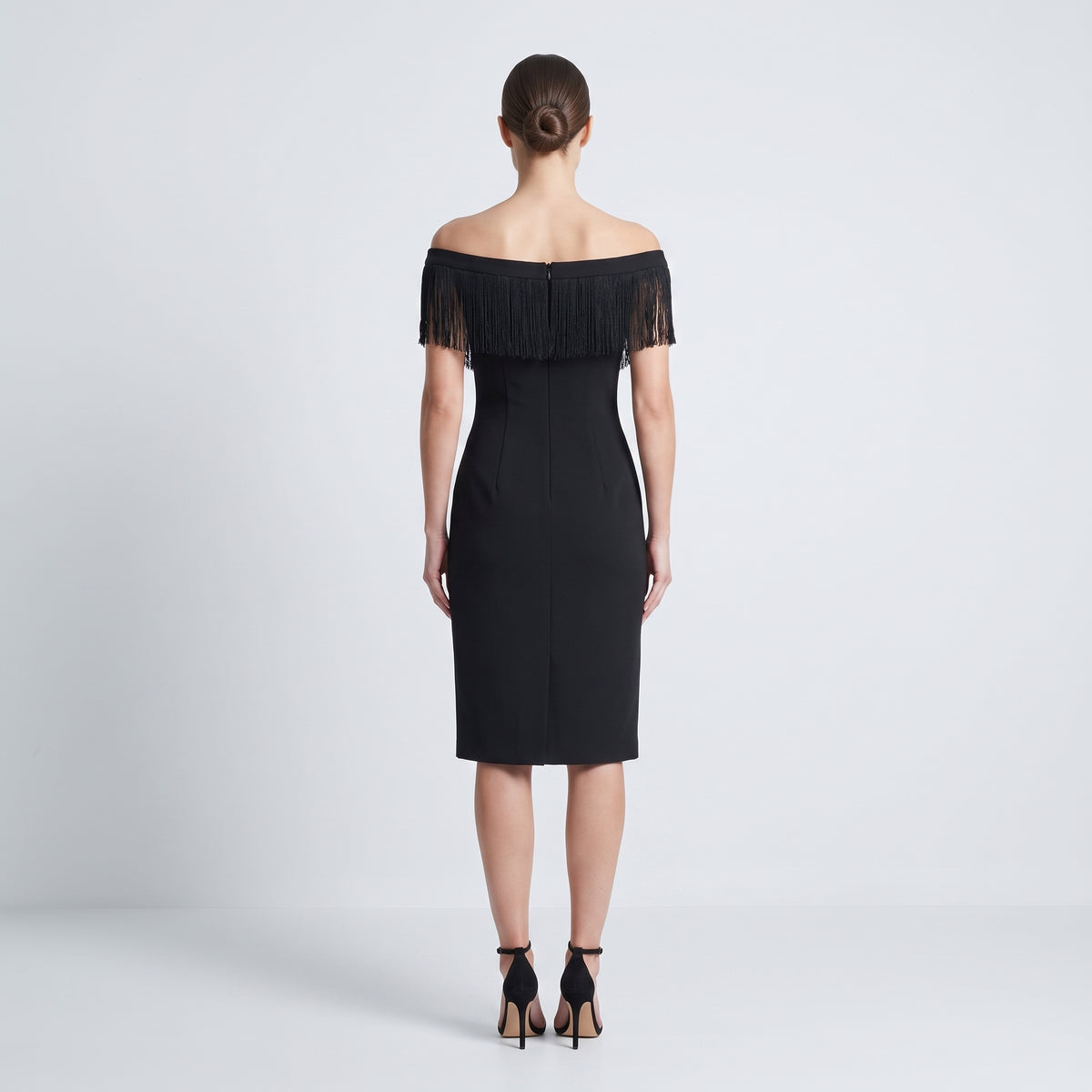 Fringe Trimmed Black Sheath Dress