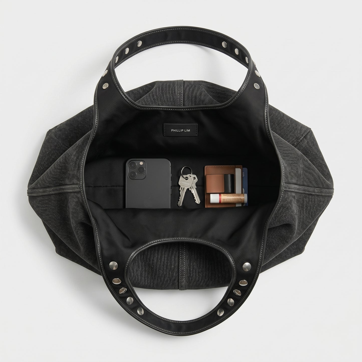 Studded Denim Shoulder Bag