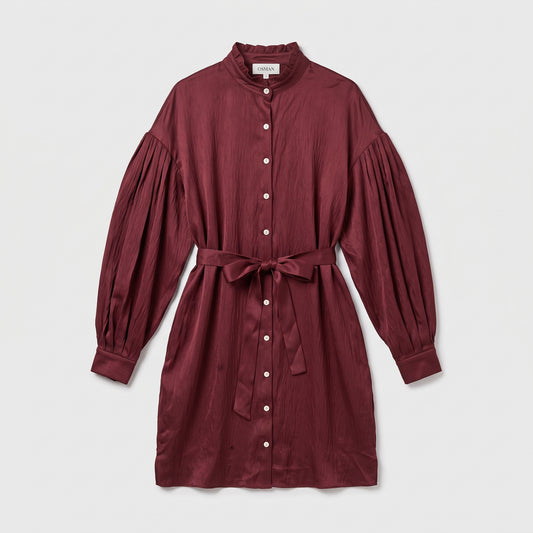 Burgundy Balloon Sleeve Shirt Dress