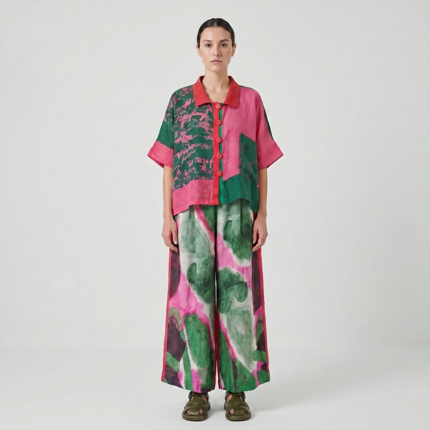 Colorblock Printed Linen Button-Up